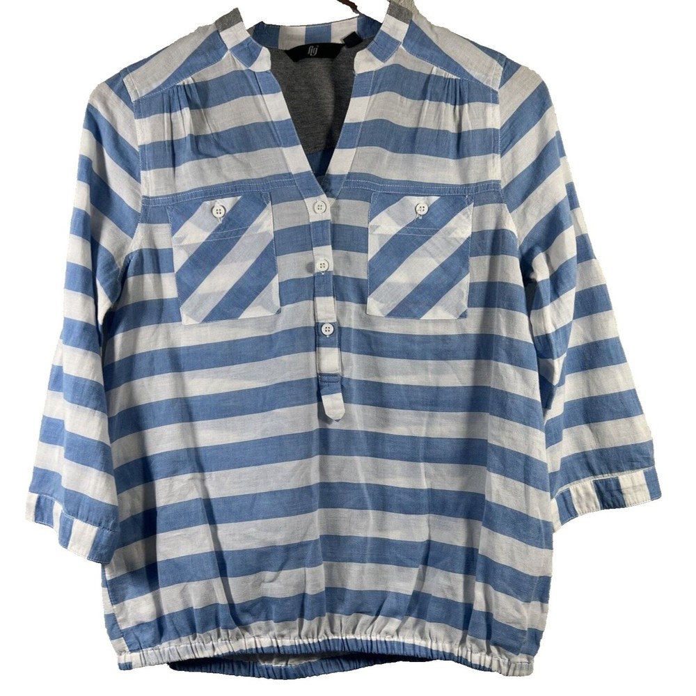 FIG Blue & White Women's Blouse Elastic Hem w Roll-up Tabs Size Medium